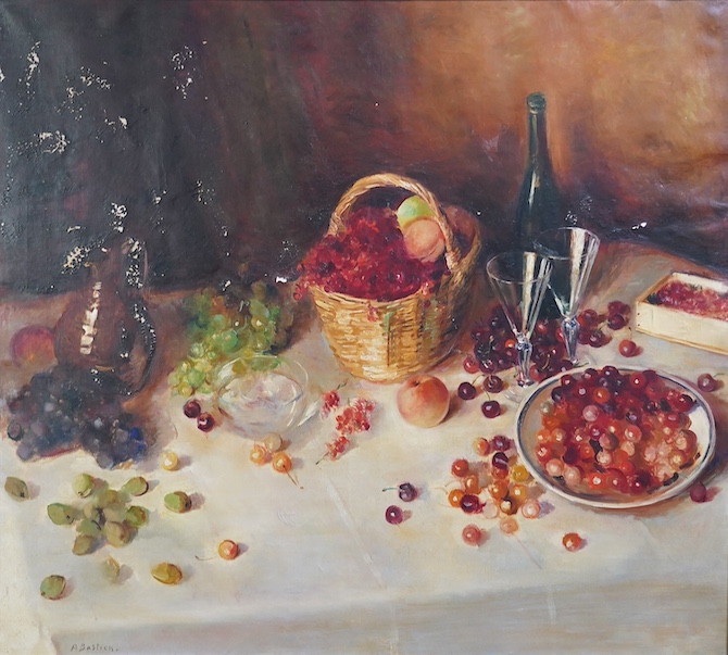 Alfred Théodore Joseph Bastien (Belgian, 1873-1955), Table top still life with wine and cherries, oil on canvas, 90 x 100cm